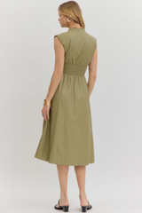 Elizabeth Vegan Leather Zip Front Midi Dress in Olive