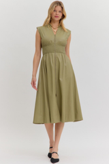 Elizabeth Vegan Leather Zip Front Midi Dress in Olive