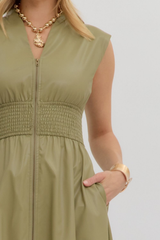 Elizabeth Vegan Leather Zip Front Midi Dress in Olive