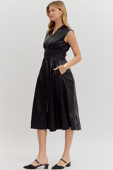 Elizabeth Vegan Leather Zip Front Midi Dress Black