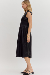 Elizabeth Vegan Leather Zip Front Midi Dress Black