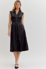 Elizabeth Vegan Leather Zip Front Midi Dress Black