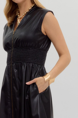 Elizabeth Vegan Leather Zip Front Midi Dress Black