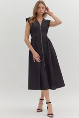 Elizabeth Zip Front Midi Dress in Black