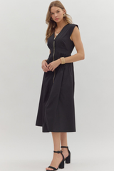 Elizabeth Zip Front Midi Dress in Black
