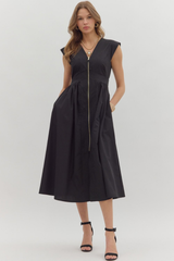 Elizabeth Zip Front Midi Dress in Black