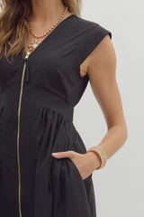 Elizabeth Zip Front Midi Dress in Black