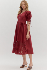 Elizabeth Crochet Trim Zip Front Midi Dress in Garnet