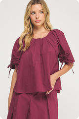 Liana Tie Sleeve Top In Dark Cherry
