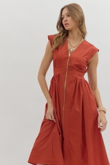 Elizabeth Zip Front Midi Dress in Brick