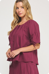 Liana Tie Sleeve Top In Dark Cherry