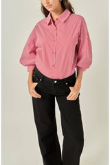 Hadley stripe balloon sleeve top in burgundy