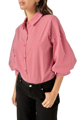 Hadley stripe balloon sleeve top in burgundy