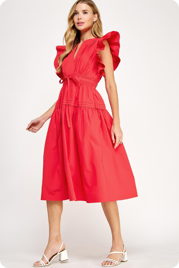 Audrey Flutter Sleeve Midi Dress in Red