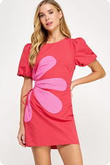 Junie Daisy Puff Sleeve Mini Dress in Red Pink