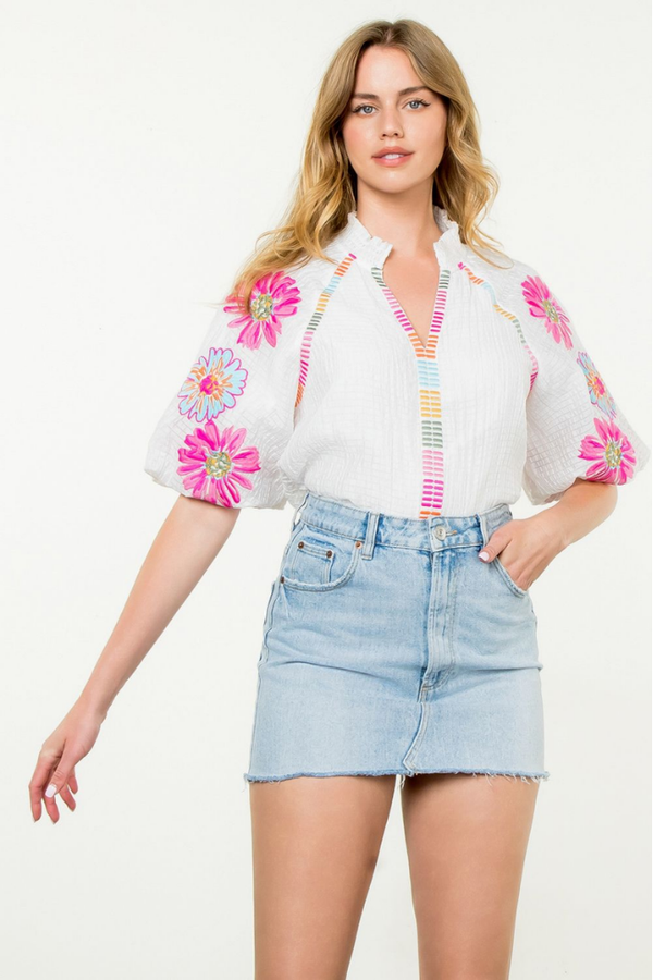 Sienna Floral Embroidered Top in White