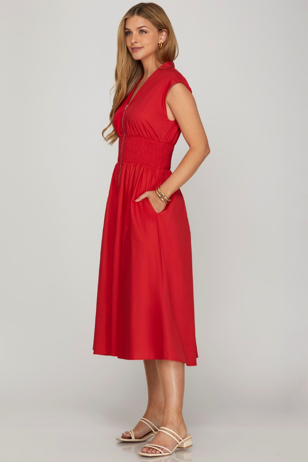 Liv Zip Front Midi Dress in Red