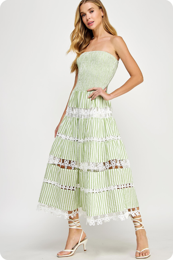 Lilliana Strapeless Crochet Inset Midi Dress in Sage Stripe