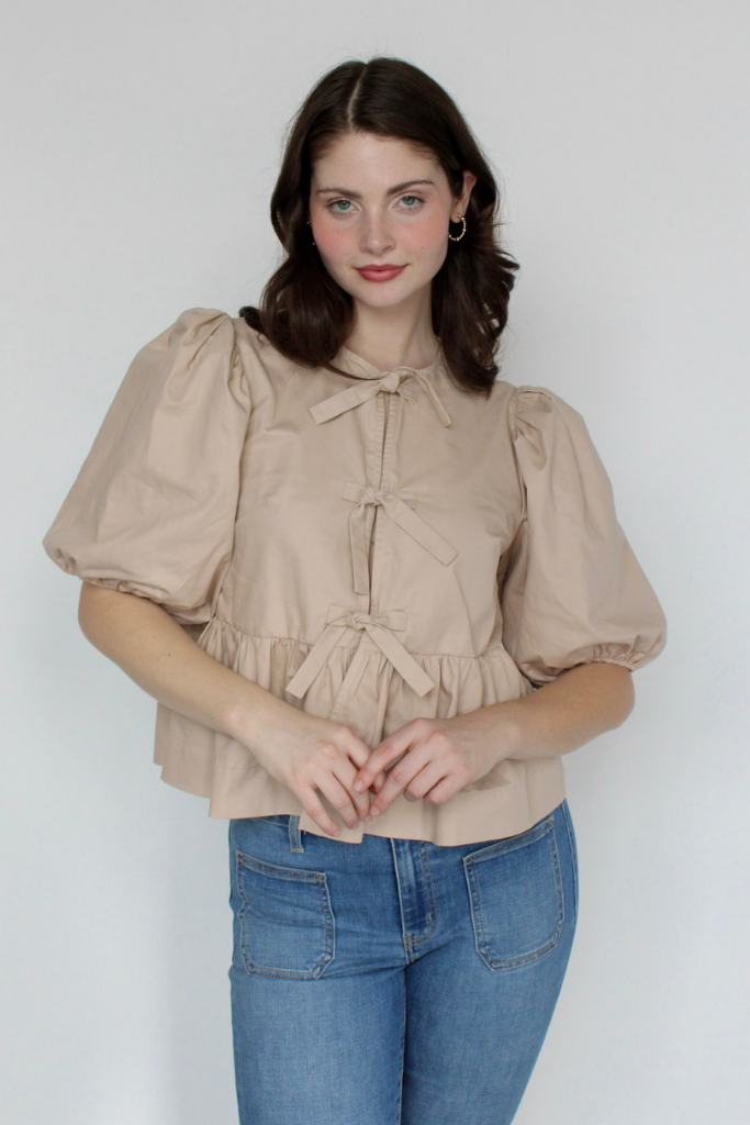 Emma Tie Front Top In Tan