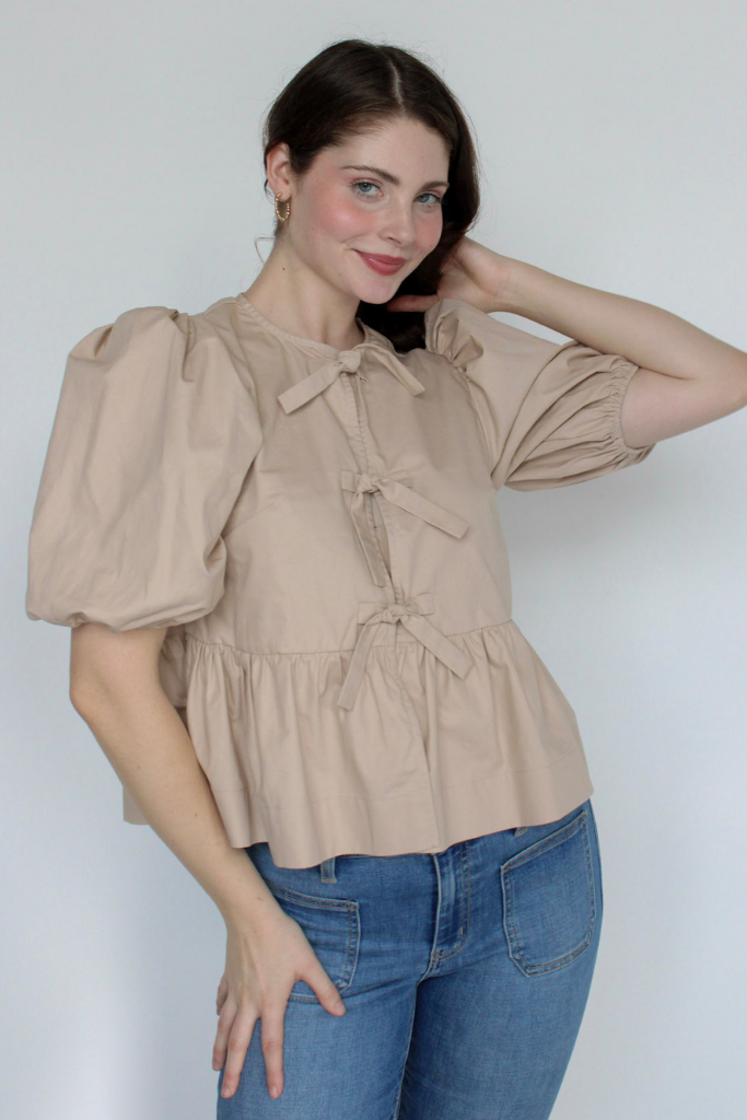 Emma Tie Front Top In Tan