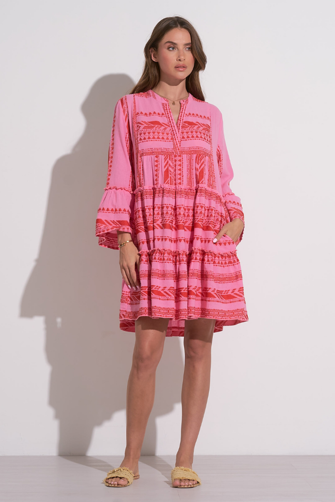 Mika Linen Aztec Mini Dress in Pink Red