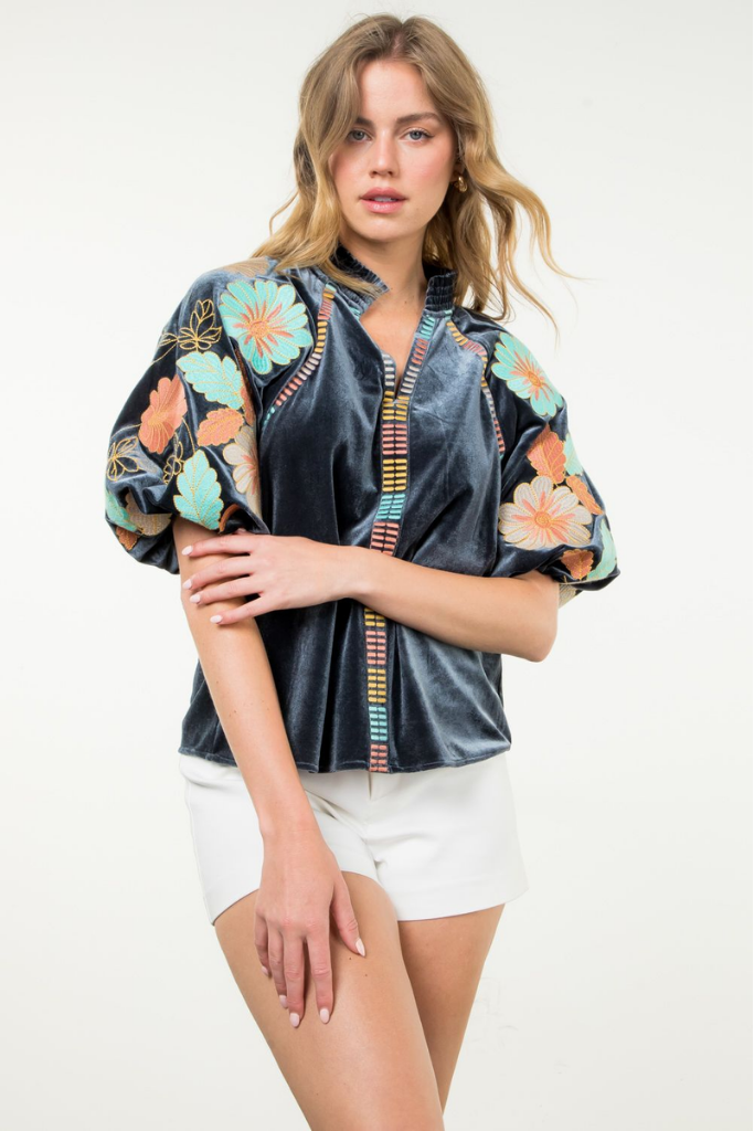 Emma Floral Embroidered Velvet Top