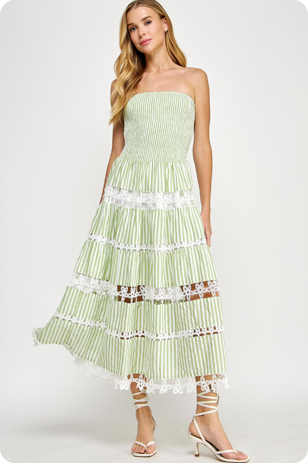 Lilliana Strapeless Crochet Inset Midi Dress in Sage Stripe
