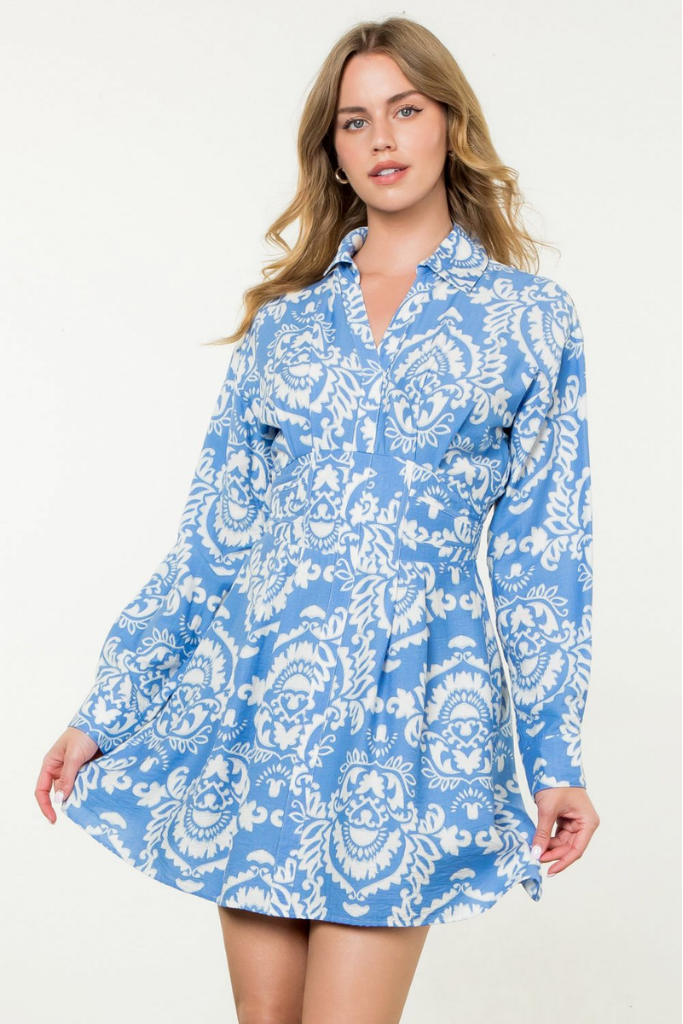 Isla Paisley Long Sleeve Dress in Blue