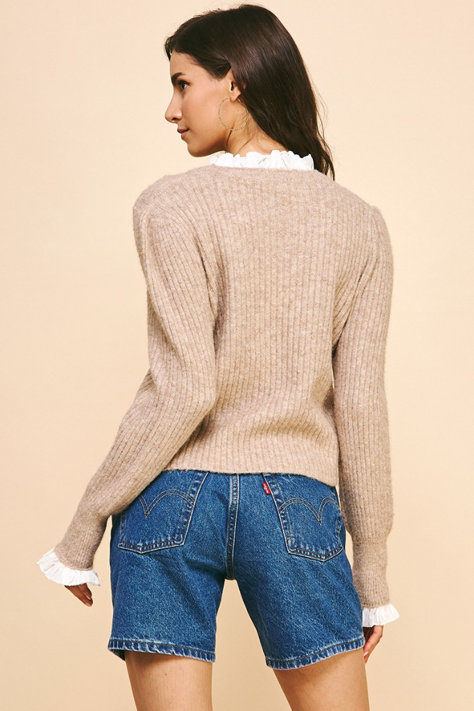 Loni Ruffle Trim Sweater in Oatmeal