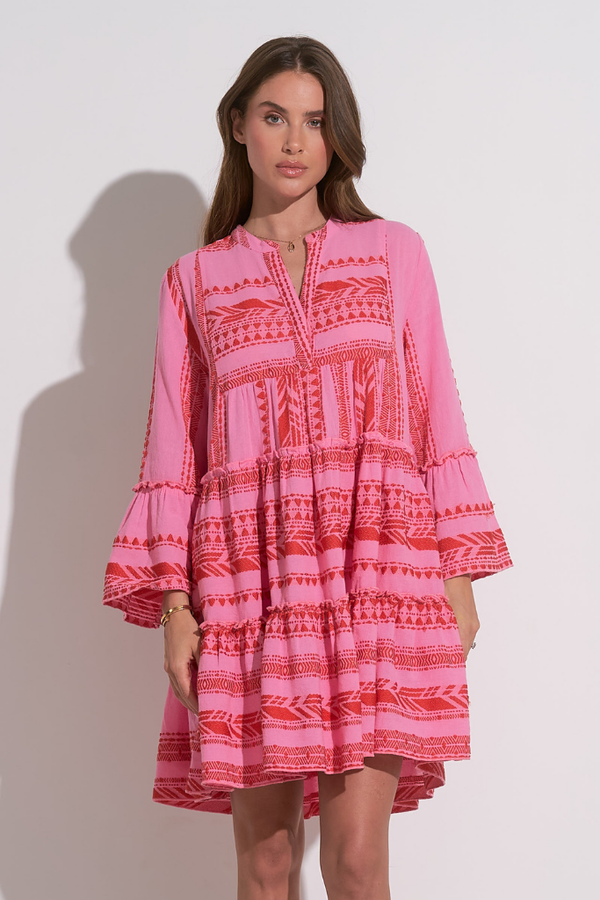 Mika Linen Aztec Mini Dress in Pink Red