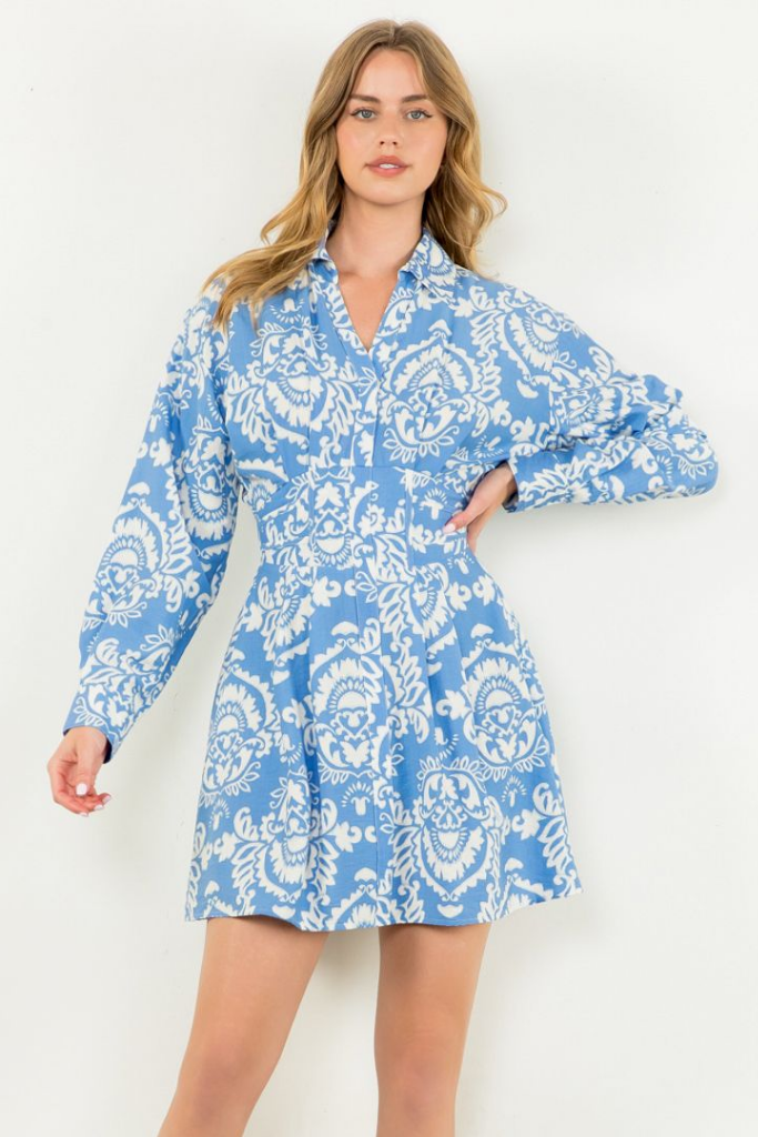 Isla Paisley Long Sleeve Dress in Blue