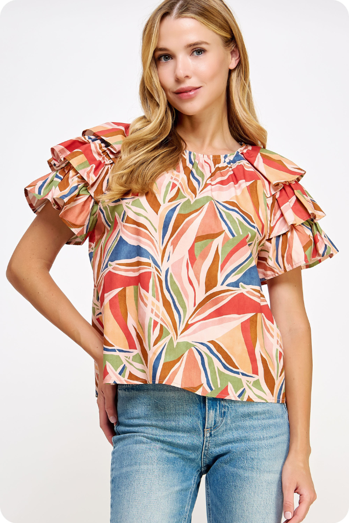 Quinn Printed Flutter Sleeve Top