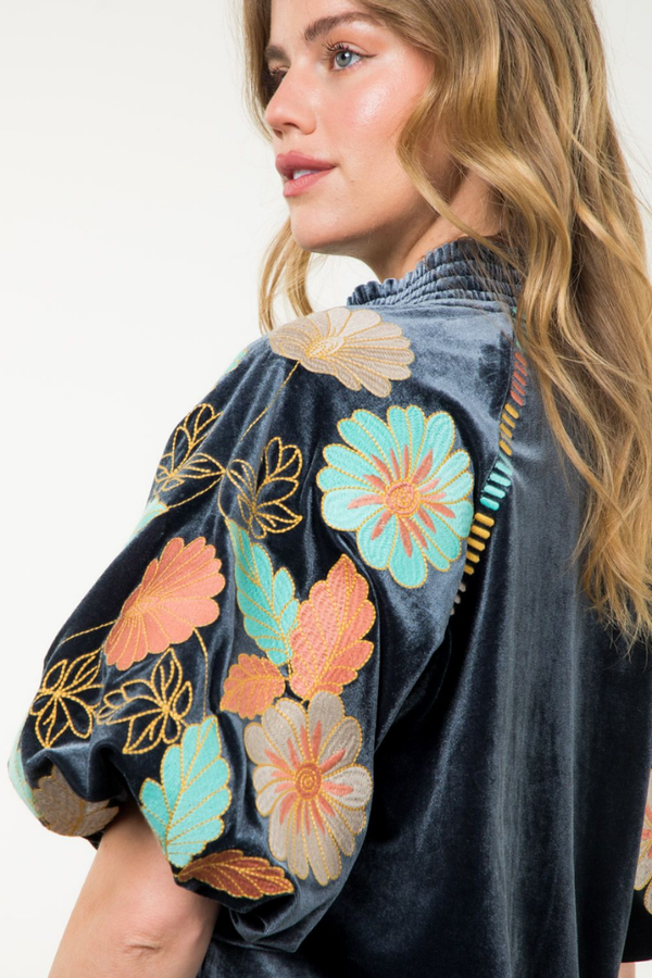 Emma Floral Embroidered Velvet Top