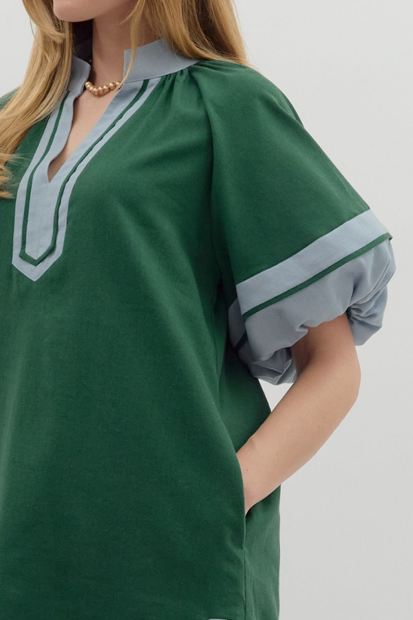 Aster Puff Sleeve Mini Dress in Hunter Green