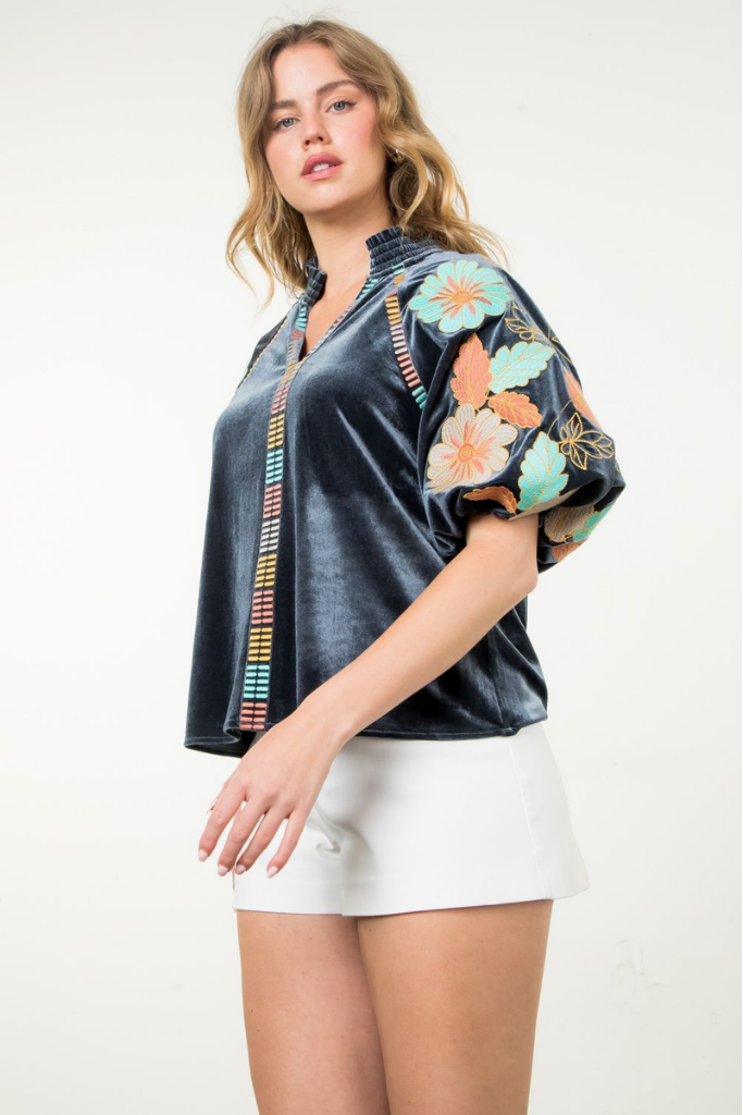 Emma Floral Embroidered Velvet Top