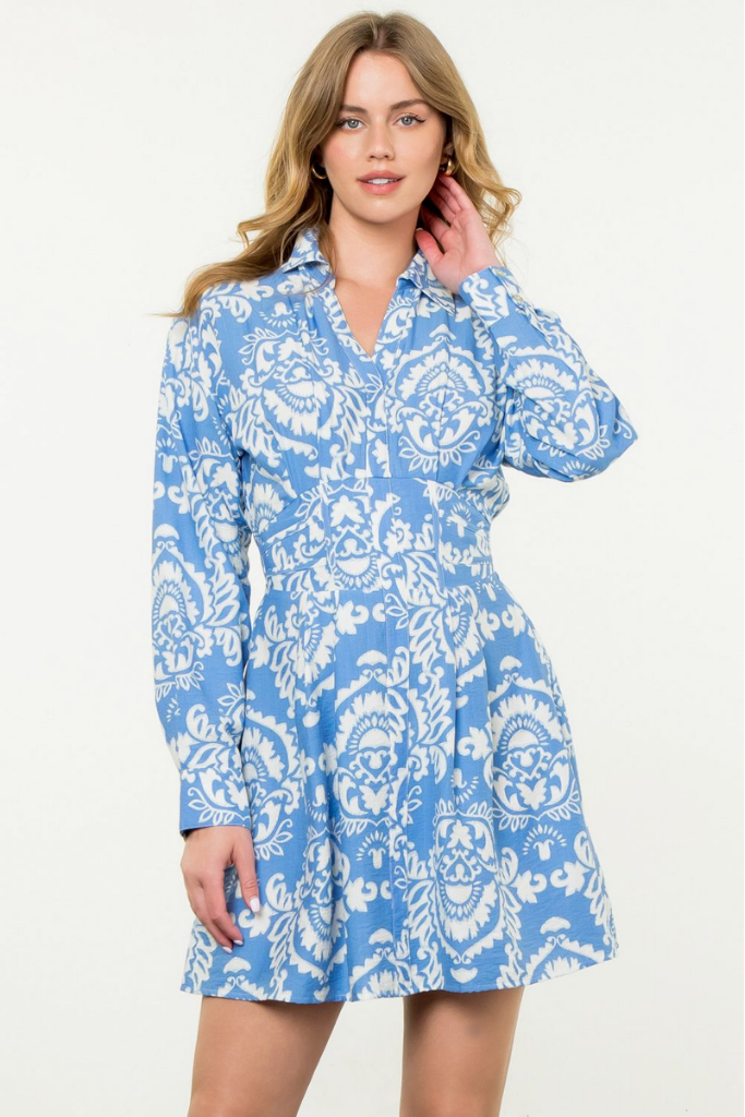 Isla Paisley Long Sleeve Dress in Blue