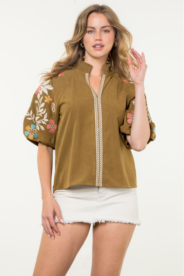 Emma Floral Embroidered Corduroy Top