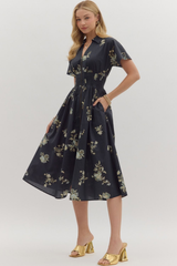 Elizabeth Floral Zip Front Midi Dress in Balck
