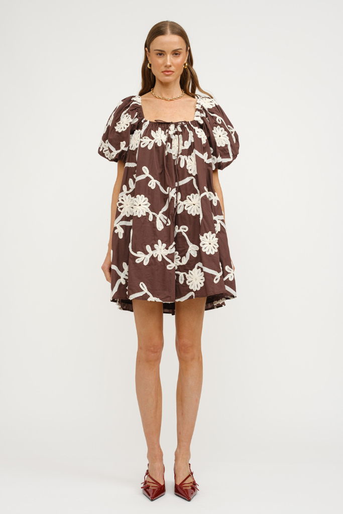 Short and Sweet Embroidered Mini Dress in Brown