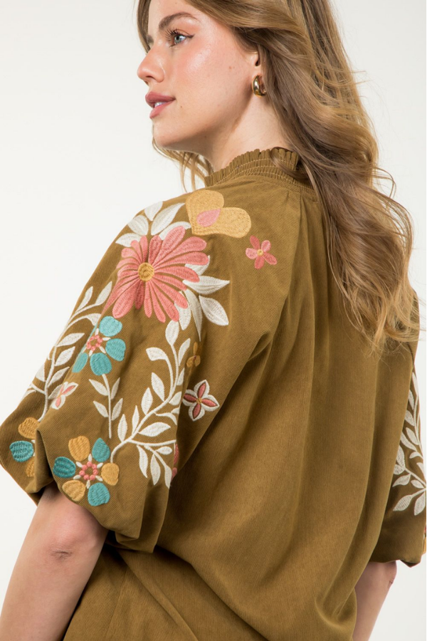 Emma Floral Embroidered Corduroy Top