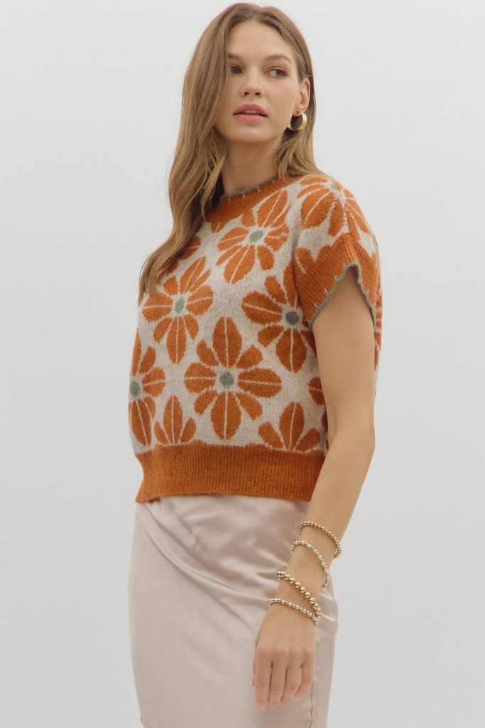 Celeste Floral Short Sleeve Sweater in Rust