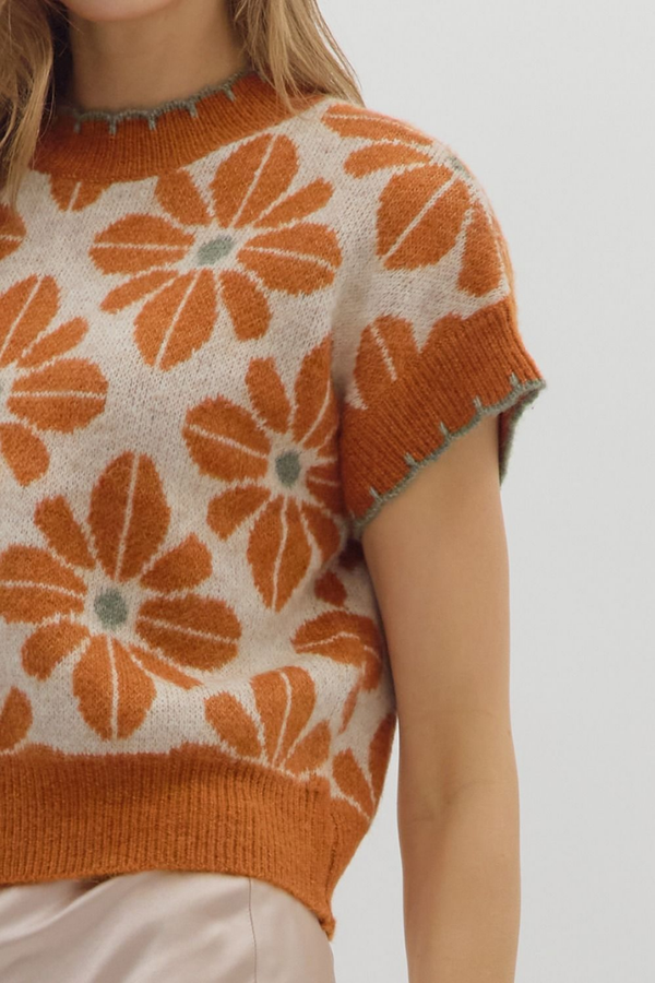 Celeste Floral Short Sleeve Sweater in Rust