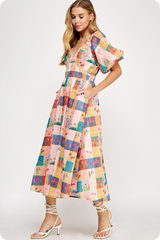 Eliza Plaid Floral Midi Dress