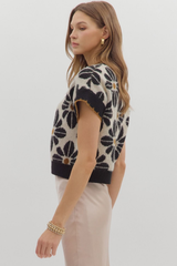 Celeste Floral Short Sleeve Sweater in Black