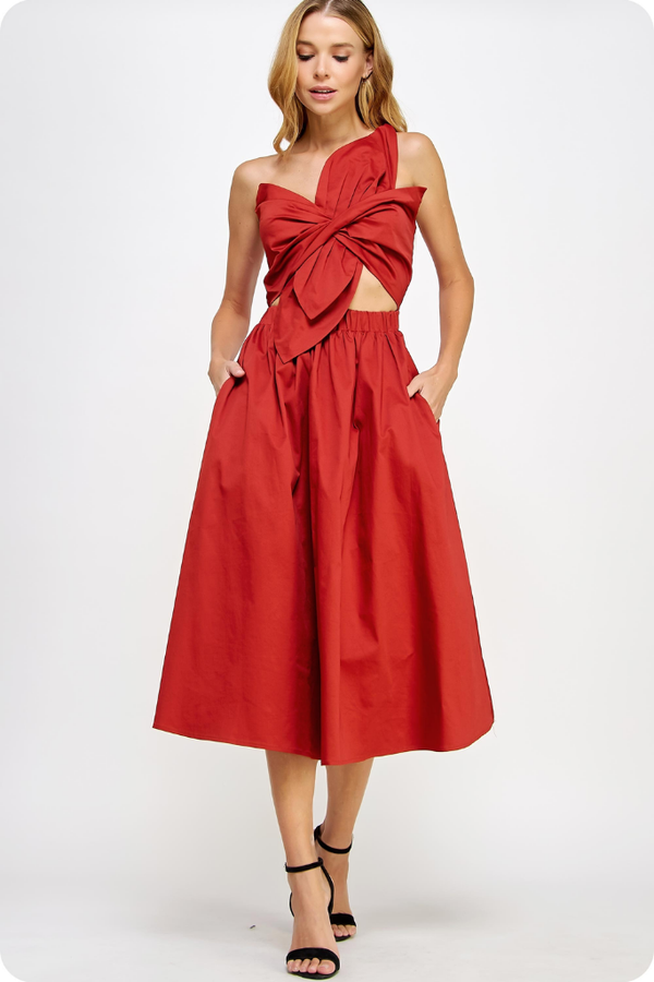 Chloe Bow Front Midi Dress in Brick