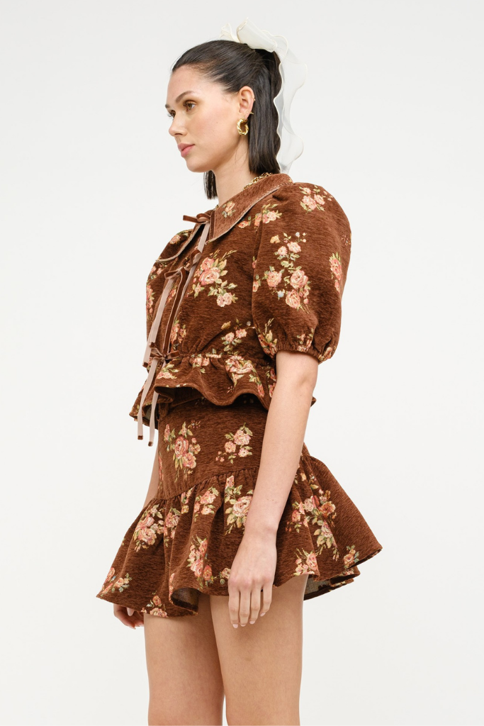 Floral Darling Tie Front Top in Brown