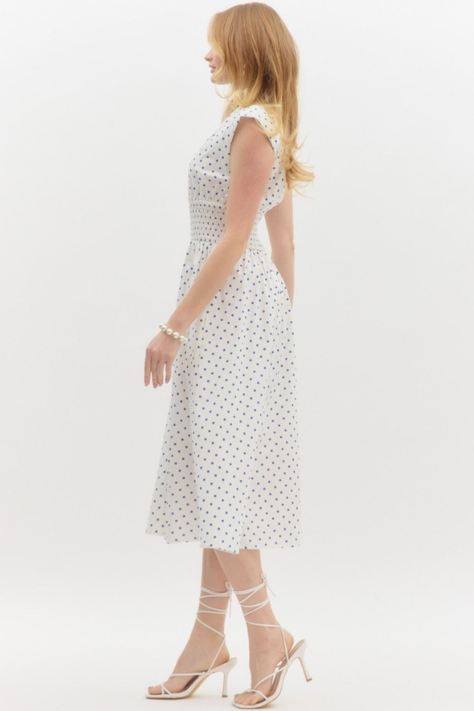 Elizabeth Zip Front Midi Dress in Cream Polka Dot