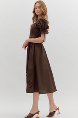 Elizabeth Crochet Trim Zip Front Midi Dress in Brown