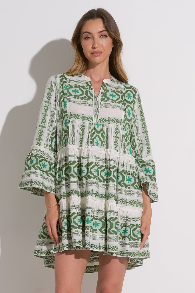 Mika Linen Aztec Mini Dress in Green Multi