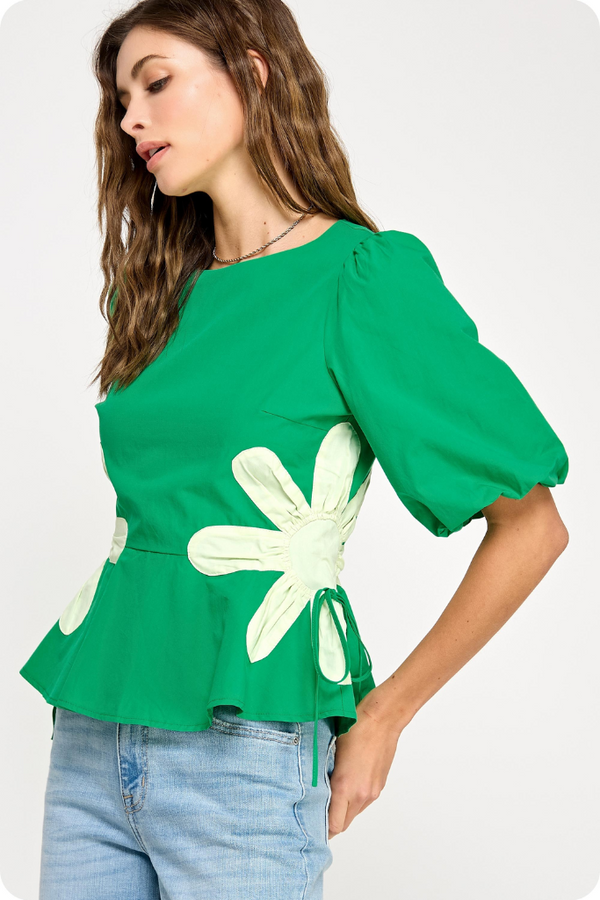 Junie Daisy Puff Sleeve Puplum Top in Emerald